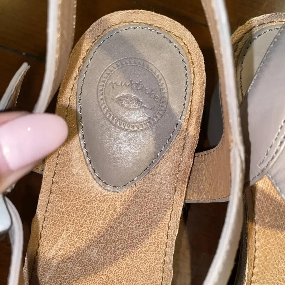 Nurture Taupe Leather Sandals Comfort Ankle Strap 3” Block Heel Weaved Design 10